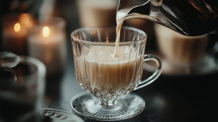 Fototapeta premium Pouring milk into a glass cup of coffee. Close up shot of steaming coffee with warm lighting, and a blurred candle in the background.