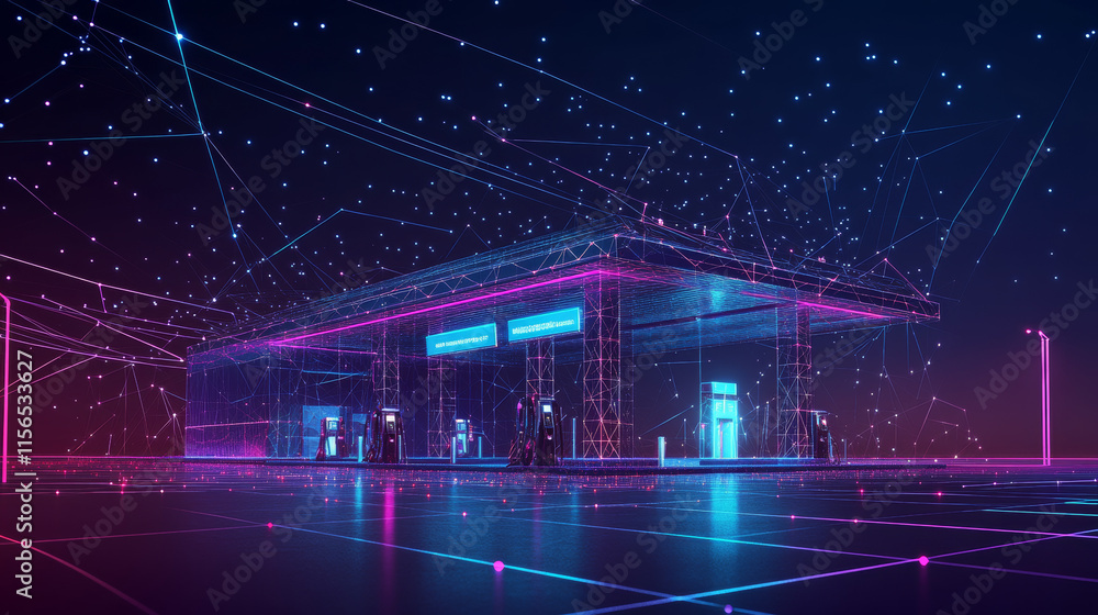 Aufkleber a hologram of a gas station. a gas station made of polygons, triangles of dots and lines. the fillin