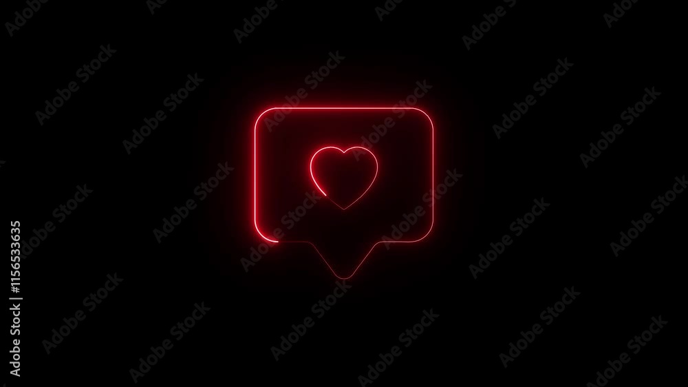 Poster glowing red neon heart icon within a speech bubble on a black background animation.
