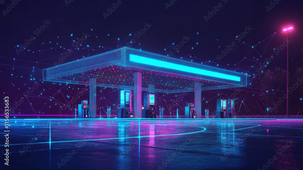 Aufkleber a hologram of a gas station. a gas station made of polygons, triangles of dots and lines. the fillin