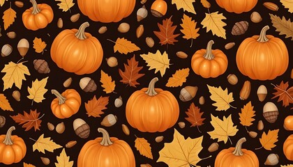 Seamless autumn pattern featuring pumpkins, falling leaves, and acorns in warm tones of orange, brown, and yellow