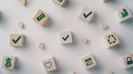 Green Sustainability Icons Wooden Blocks Minimalist Design White Background