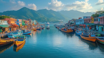Fototapeta premium Colorful fishing boats in a harbor, surrounded by vibrant buildings and mountains under a clear sky.