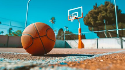 A basketball resting on the court in a sunny outdoor setting with a clear blue sky and a basketball hoop in the background