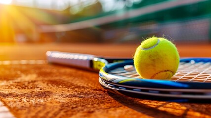 A vibrant tennis ball rests on a clay court beside a racquet during a sunny afternoon match