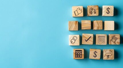 Financial Planning and Business Strategy: Wooden Blocks with Icons Representing Key Concepts