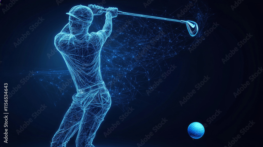 Poster golfer hits the ball in motion. polygonal golf player from futuristic shape. thin line vector abstra