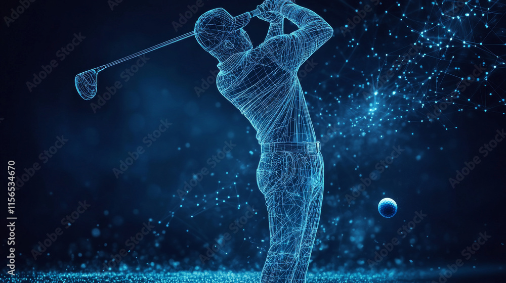 Poster golfer hits the ball in motion. polygonal golf player from futuristic shape. thin line vector abstra