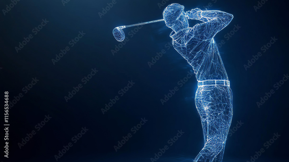 Poster golfer hits the ball in motion. polygonal golf player from futuristic shape. thin line vector abstra