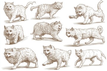Collection of Nine Hand-Drawn Cats in Various Poses
