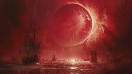 A crimson moon dominates a dark, stormy sea, with a fleet of old sailing ships silhouetted against the fiery celestial event.