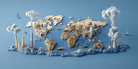 Global Urbanization & Pollution, A World in Miniature, Showing Industrial Growth and Environmental Impact, with Heavy Smoke Plumes Rising from Factories, Ships, and Airplanes.