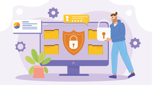 An educational concept promoting online safety with visuals of shields, locks, and secure connections.