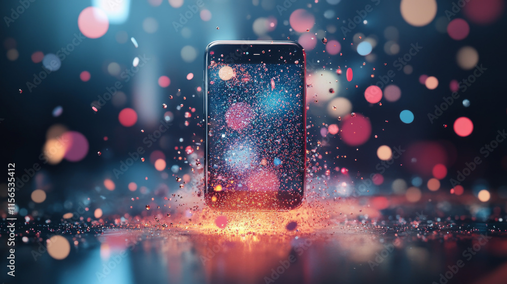 Poster phone from the particles. the phone crumbles into small circles and dots