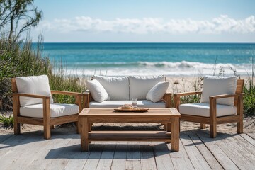Naklejka premium Outdoor furniture set with sofa, two chairs, and coffee table, natural wood finish and white cushions, beach background, summer collection.