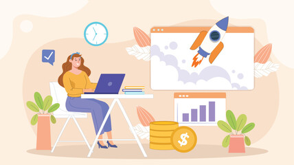 A relatable design showing an entrepreneur managing market challenges with dynamic visuals of graphs and rockets.