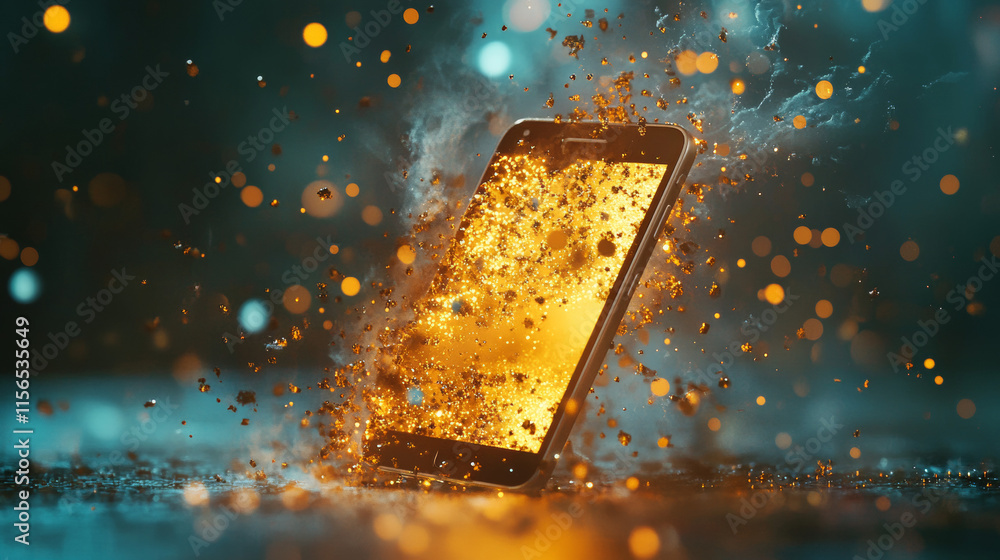 Poster phone from the particles. the phone crumbles into small circles and dots