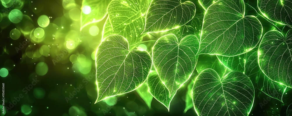 Poster foliage abstract background idea. vibrant green leaves illuminated with soft light, creating a fresh