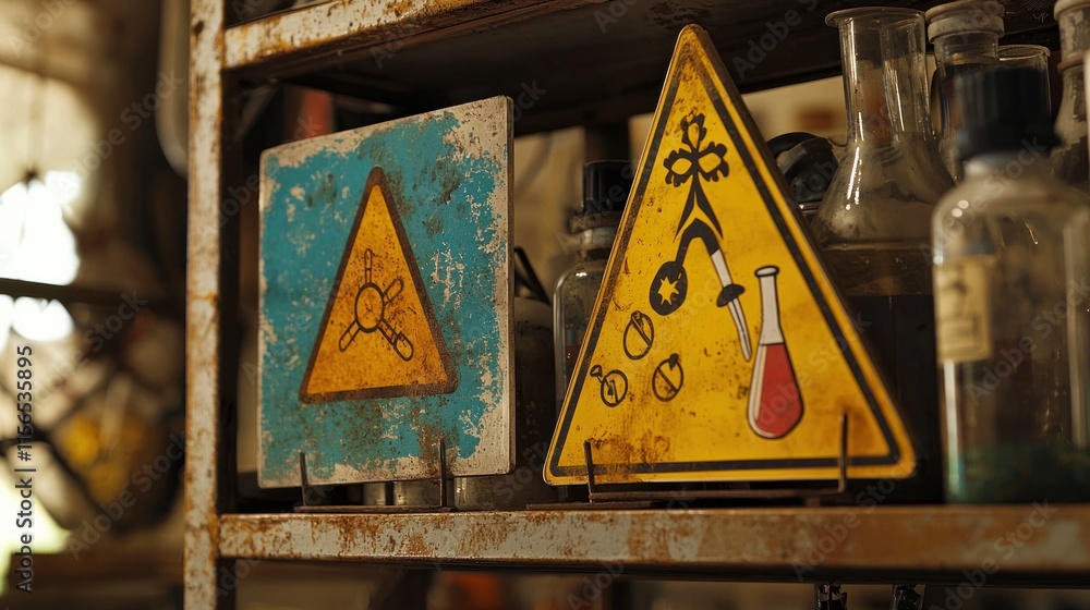Poster close up of two warning signs on a shelf in a laboratory. one is a yellow triangle with a radioactiv