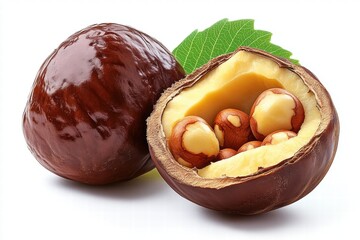 Whole and Open Chestnut with Seeds and Green Leaf