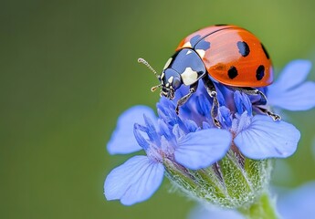 Fototapeta premium Macro photography of a ladybug on a blue flower, with clean, sharp focus and no depth blur effect. The beautiful green background complements the subject. Captured with a macro lens.