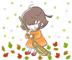 ほうきで落ち葉を掃き掃除をする女の子
