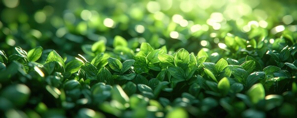 Foliage green concept. Close-up view of lush green leaves illuminated by soft sunlight, showcasing nature's beauty.