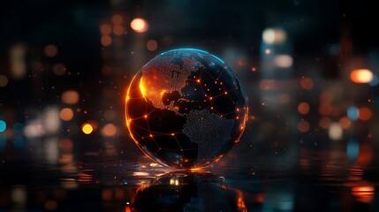 Minimal planet earth with background of cityscape night, round planet earth with bokeh lights background
