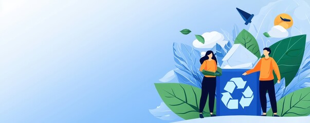 A colorful illustration depicting two individuals recycling, surrounded by leaves and nature elements, symbolizing environmental awareness and sustainability.