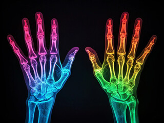 Obraz premium Digital hand with intricate bones, glowing in neon colors, in a futuristic style.