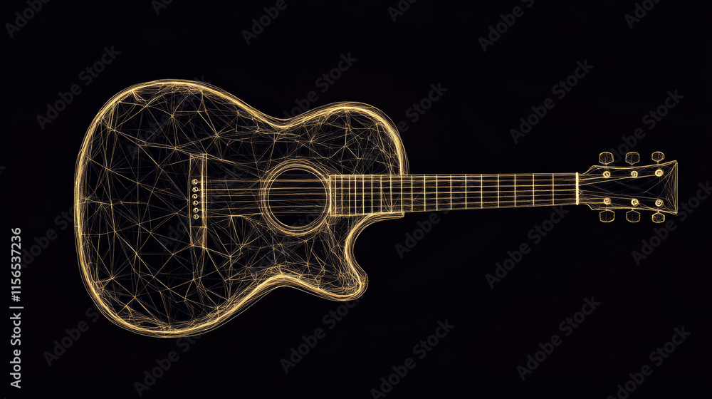 Poster the guitar is composed of points, lines and triangles. the polygon shape in the form of a silhouette