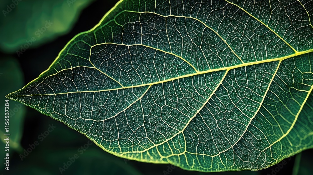 Poster foliage green concept. close-up of a green leaf displaying intricate vein patterns and vibrant color
