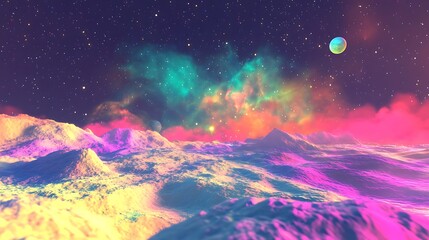 Vibrant Alien Landscape: Dreamlike 3D Render of a Colorful Nebula Over Pastel Mountains. AI Generated
