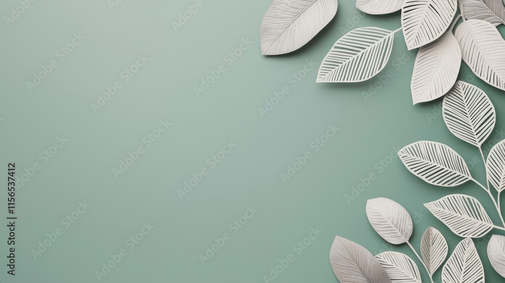 Poster foliage abstract background idea. elegant and minimalistic background with white leaves on a soft gr