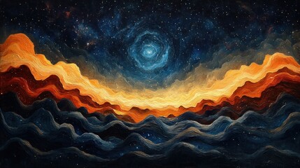 A vibrant, swirling landscape depicting a cosmic scene with waves of color and stars.