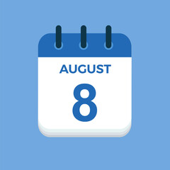 August 8 - calendar and Time planner. Daily Calendar Icon reminder. Vector Illustration.