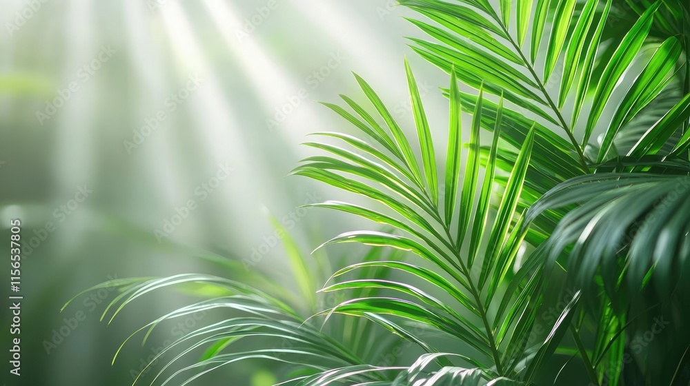 Poster foliage abstract background idea. lush green leaves illuminated by soft sunlight, creating a serene 