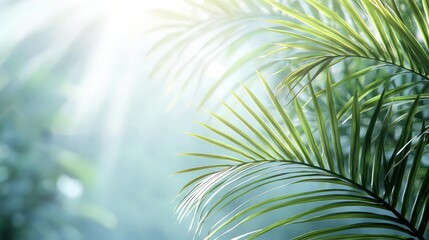Obraz premium Foliage abstract background idea. Sunlight filtering through lush green palm leaves in a tropical environment.