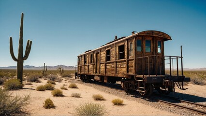 Obraz premium Old wooden train car abandoned in the desert under clear blue sky