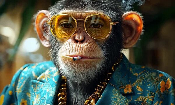 A stylized monkey wearing sunglasses and a flashy outfit, exuding a laid-back vibe.