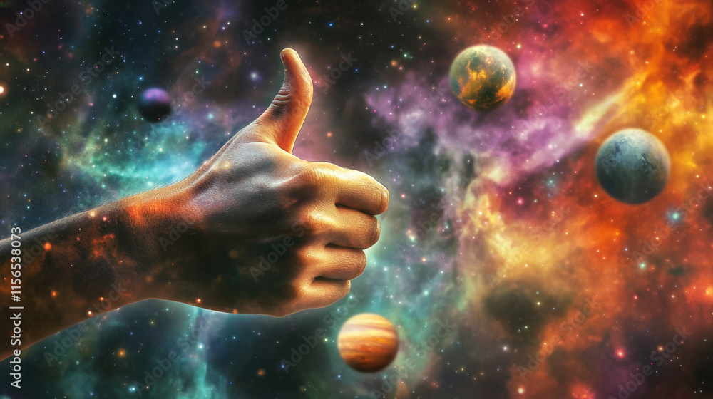 Aufkleber abstract image of a hand thumb up in the form of a starry sky or space, consisting of points, lines,