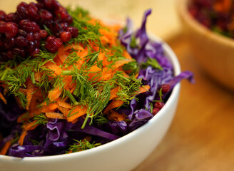 A white bowl filled with vibrant carrots, cabbage, and cranberries