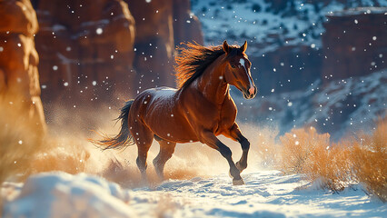 A wild mustang galloping through a snowy canyon, with the rocky cliffs