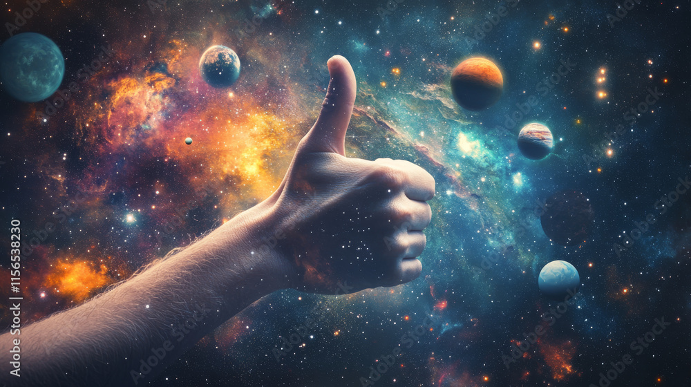 Aufkleber abstract image of a hand thumb up in the form of a starry sky or space, consisting of points, lines,