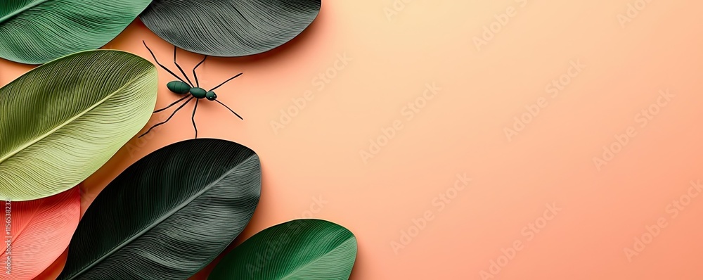 Poster foliage abstract background idea. close-up view of vibrant leaves with an insect on a soft, peach-co
