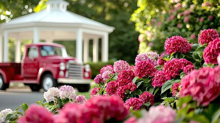 Gazebo truck idea. A vintage truck parked near blooming hydrangeas and a charming gazebo in a sunny garden.