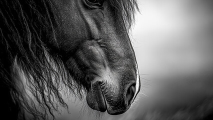 Close-up of a Friesian horse’s nostrils, with its mane flowing, and the background