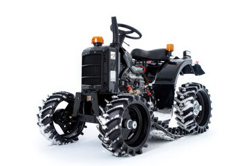 Obraz premium A compact tractor equipped for snow, featuring wide tracks for enhanced traction. isolated on white background