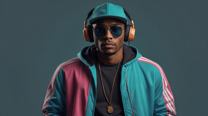Fototapeta premium Stylish musician wears retro outfit and headphones in modern setting