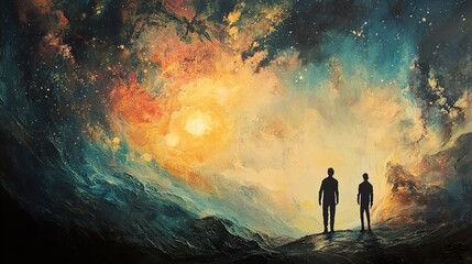 Fototapeta premium Cosmic Journey: Two Silhouettes Contemplate a Vibrant Nebula